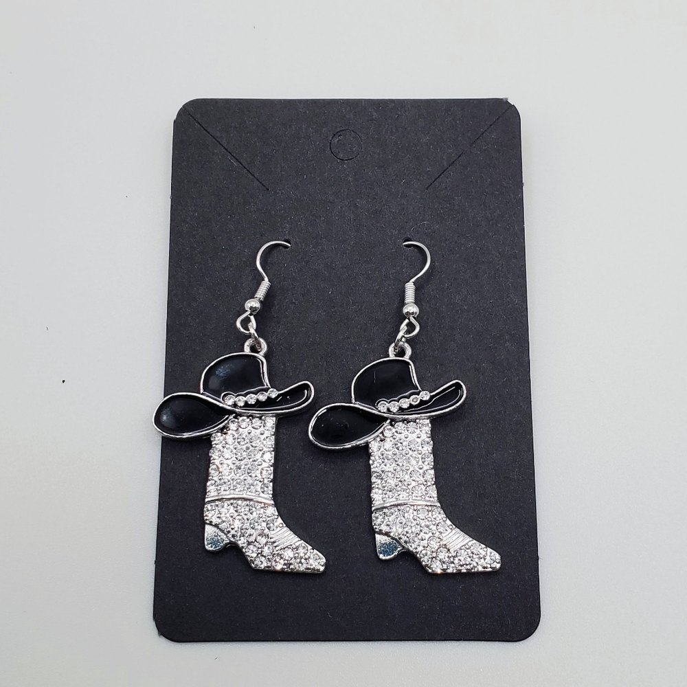 Western Style Dangle Earrings - Black and Silver- Cowboy Hat And Boot Design